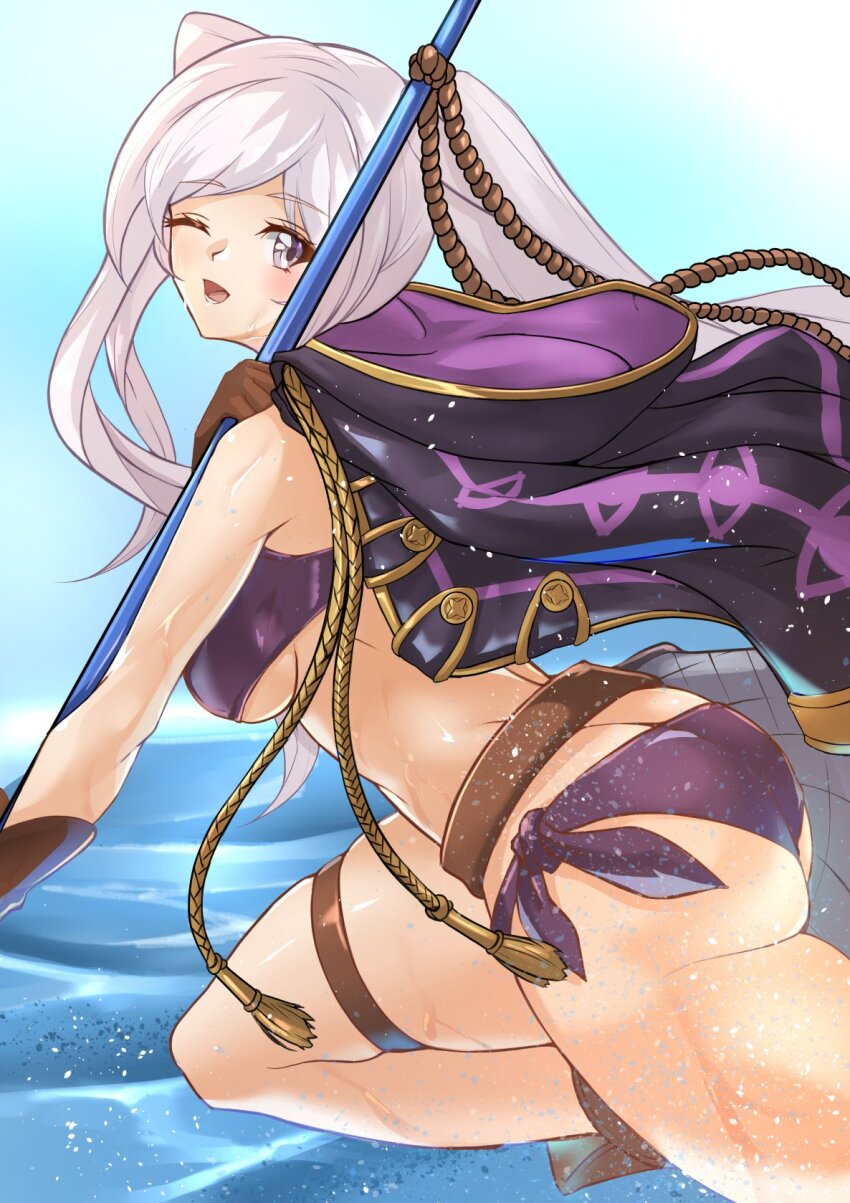 1girl ass belt bikini blush breasts brown_gloves butt_crack deekei female_robin_(fire_emblem) female_robin_(seaside_tactician)_(fire_emblem) fire_emblem fire_emblem_awakening fire_emblem_heroes fishing_net gloves grey_hair highres jewelry large_breasts long_hair looking_at_viewer medium_breasts nintendo o-ring o-ring_bikini official_alternate_costume one_eye_closed open_mouth polearm purple_bikini purple_eyes robe sideboob skindentation smile solo swimsuit thighs trident twintails underboob weapon