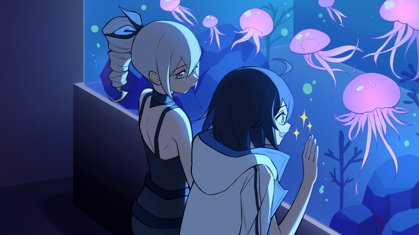 aquarium bag bare_shoulders black_hair black_shirt black_shorts blue_eyes blue_hair bow breasts bright_pupils bronya_zaychik cleavage coral dress drill_hair fish fishbowl grey_eyes grey_hair hair_between_eyes hair_bow highres honkai_(series) honkai_impact_3rd jacket jellyfish jewelry kelp long_hair multicolored_hair open_mouth pendant ponytail rock seele_vollerei shark shirt short_hair shorts shoulder_bag small_breasts smile white_dress white_jacket yellow_bag yukizawa_xueze