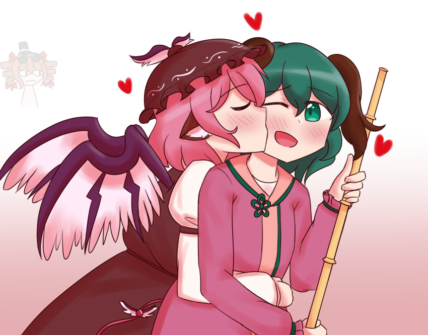 3girls :| animal_ears avian_zebra bird_ears bird_girl bird_wings blush broom brown_dress brown_hat chibi chibi_inset closed_eyes closed_mouth commentary dog_ears dog_girl double-parted_bangs dress dress_over_shirt drill_hair english_commentary eyewear_on_head flower_button from_side gradient_background green_eyes green_hair hair_between_eyes hat hat_ribbon heart highres holding holding_broom hug hug_from_side kasodani_kyouko kiss kissing_cheek long_sleeves looking_to_the_side medium_hair multiple_girls mystia_lorelei one_eye_closed open_mouth orange_hair pink_background pink_hair pink_shirt pink_undershirt puffy_long_sleeves puffy_sleeves ribbon round_eyewear shirt smile sunglasses top_hat touhou twin_drills upper_body white_background white_ribbon white_shirt winged_hat wings yorigami_jo&#039;on yuri