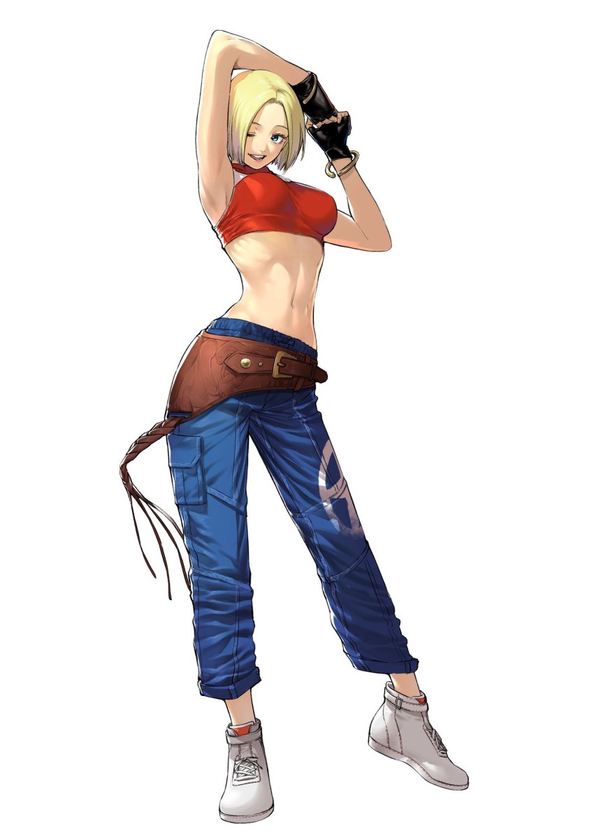 1girl armpits azuma_kyoutarou_(artist) belt blonde_hair blue_eyes blue_mary bracelet breasts capri_pants fatal_fury female_focus fingerless_gloves full_body gloves highres jewelry midriff no_socks official_art one_eye_closed pants shoes short_hair sneakers solo the_king_of_fighters the_king_of_fighters_xiv
