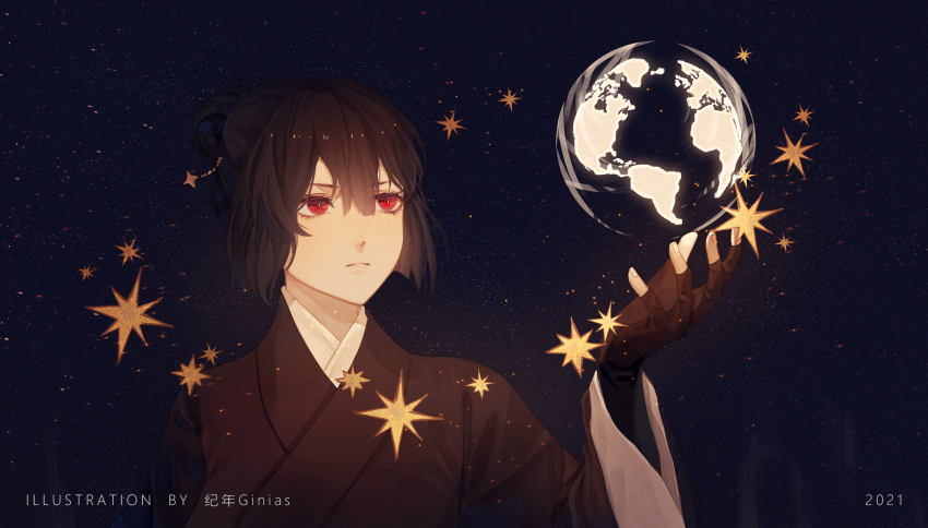 1girl artist_name black_gloves black_hair black_kimono dated remembrance_of_earth&#039;s_past earth_(planet) fingerless_gloves ginias gloves hand_up highres japanese_clothes kimono planet red_eyes serious solo sophon star_(sky) upper_body