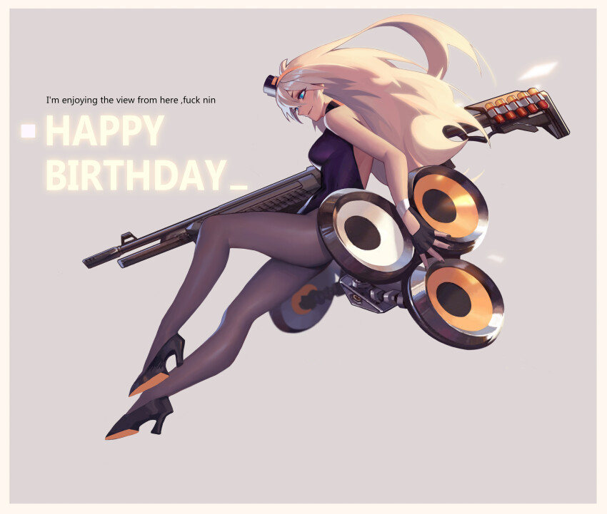 1girl absurdres ammunition backless_outfit blue_eyes english_text fabarm_sat-8 fingerless_gloves from_side girls&#039;_frontline gloves guiguz gun happy_birthday headband high_heels highres huge_weapon leotard long_hair midair pantyhose profanity s.a.t.8_(girls&#039;_frontline) shield_module shotgun shotgun_shell shotgun_speedloader simple_background weapon