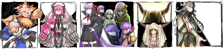 10s absurdres animal_ears ashiya_douman_(fate) bad_id bad_pixiv_id bandages bb_(fate) bb_(fate/extra) black_hair clenched_hand elizabeth_bathory_(fate) elizabeth_bathory_(fate/extra) elizabeth_bathory_(first_ascension)_(fate) fate/extra fate/extra_ccc fate/extra_ccc_fox_tail fate/grand_order fate_(series) fingernails fox_ears fox_tail hair_ribbon hand_on_own_hip highres horns kankan33333 kazuradrop_(fate) kazuradrop_(fate/extra) kingprotea_(fate) long_image mecha_eli-chan_(fate) mecha_eli-chan_mk.ii_(fate) meltryllis_(fate) multicolored_hair passionlip_(fate) pink_hair purple_hair ribbon robot sessyoin_kiara sharp_fingernails split-color_hair tail tamamo_(fate) tamamo_cat_(fate) tamamo_cat_(first_ascension)_(fate) tamamo_no_mae_(fate/extra) two-tone_hair veil violet_(fate) white_hair wide_image