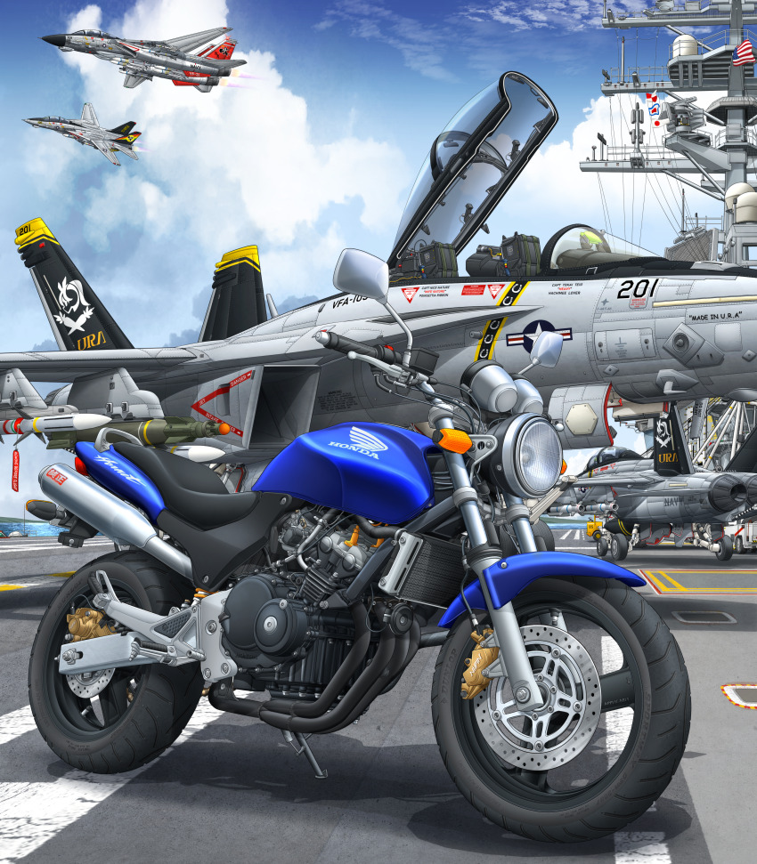 absurdres aim-54_phoenix aim-7_sparrow aim-9_sidewinder air-to-air_missile aircraft aircraft_carrier airplane assault_rifle f-14_tomcat f-18_hornet fighter_jet flag gun highres honda m16 m16a2 midriff mikeran_(mikelan) military_vehicle missile motor_vehicle motorcycle no_humans original rifle ship v vehicle_focus warship watercraft weapon