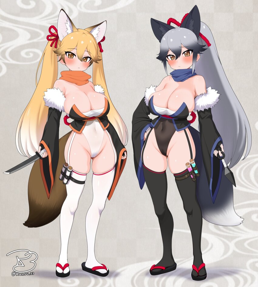 2girls animal_ears black_hair blonde_hair blush bodysuit breasts brown_eyes chest_sarashi cleavage covered_navel detached_sleeves extra_ears ezo_red_fox_(kemono_friends) fox_ears fox_tail fur-trimmed_sleeves fur_trim garter_straps gloves grey_hair hair_between_eyes high_ponytail highres holding japanese_clothes kemono_friends kunai large_breasts long_hair long_sleeves looking_at_viewer multicolored_hair multiple_girls ninja ponytail ransusan sarashi scarf silver_fox_(kemono_friends) simple_background sword tabi tail thighhighs very_long_hair wakizashi weapon
