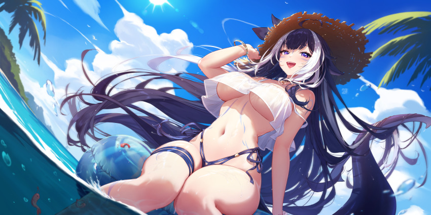 1girl :d absurdres bikini black_hair blue_innertube blue_sky bracelet breasts brown_hat cetacean_tail cloud commentary day fins fish_tail floating_hair hair_spread_out hat highres incredibly_absurdres indie_virtual_youtuber jewelry large_breasts large_variant_set long_hair looking_at_viewer mismatched_bikini mitsu_(mitsu_art) multicolored_hair navel ocean open_mouth orca_girl outdoors partially_submerged shylily sky smile solo straw_hat summer sun swimsuit tail two-tone_hair underboob variant_set very_long_hair virtual_youtuber white_bikini white_hair