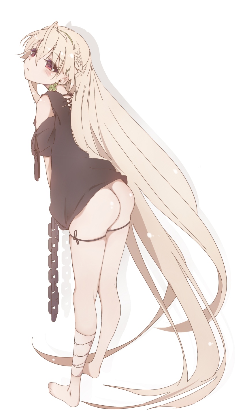 1girl absurdly_long_hair absurdres ahoge alternate_hair_length alternate_hairstyle andou_tazusa ass assault_lily bandaged_leg bandages bare_legs bare_shoulders barefoot black_dress black_ribbon blonde_hair blush braid broken broken_chain chain clothes_lift clothing_cutout clover_earrings cross-laced_clothes cross-laced_dress dress dress_lift earrings four-leaf_clover_earrings from_behind full_body hair_between_eyes half_up_braid highres jewelry kuro_ula leaning_forward leg_ribbon long_hair looking_at_viewer looking_back no_panties parted_bangs red_eyes ribbon shade short_sleeves shoulder_cutout simple_background solo standing thigh_ribbon very_long_hair white_background