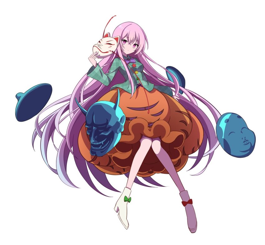 1girl boots bow bowtie breasts bubble_skirt commentary_request expressionless fox_mask full_body hata_no_kokoro high_heel_boots high_heels holding holding_mask kamu_kotan long_hair long_sleeves looking_at_viewer mask orange_skirt pink_eyes pink_hair plaid_clothes plaid_shirt purple_bow purple_bowtie shirt simple_background skirt skirt_cutout solo touhou very_long_hair white_background white_boots