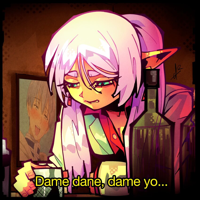 1girl :d absurdres alcohol alpharecdyt baka_mitai_(meme) bottle earrings frieren green_eyes grey_hair grey_jacket highres himmel_(sousou_no_frieren) jacket jewelry long_hair meme open_mouth photo_(object) pointy_ears red_shirt ryuu_ga_gotoku_(series) sad shirt smile solo sousou_no_frieren tongue tongue_out twintails