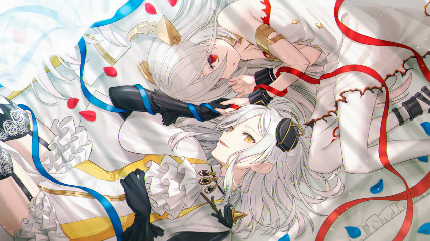 2girls alchemy_stars bed_sheet black_gloves black_legwear brown_eyes capelet carleen_(alchemy_stars) commentary_request dress garter_straps gloves hair_between_eyes hair_ornament highres hyuuga_azuri long_sleeves lying multiple_girls on_side pantyhose parted_lips petals red_eyes see-through_clothes strapless strapless_dress thighhighs uriel_(alchemy_stars) white_capelet white_dress white_legwear