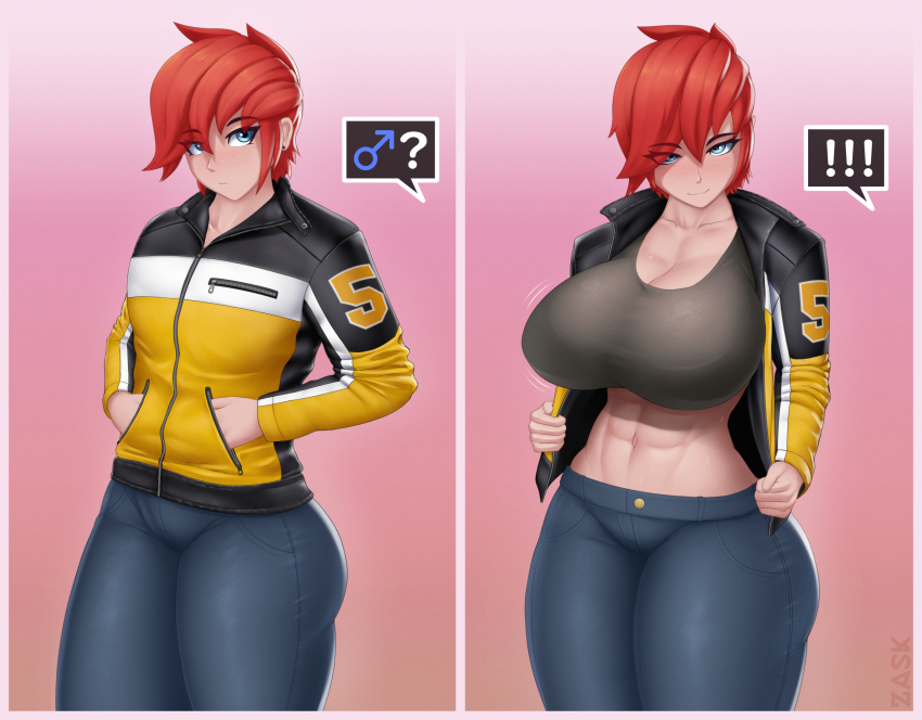 ! !! 1girl ? abs artist_name blue_eyes blue_pants breasts cleavage earrings hands_in_pockets highres jacket jewelry large_breasts mars_symbol motion_lines multicolored_jacket navel open_clothes open_jacket original pants red_hair short_hair solo spoken_exclamation_mark spoken_question_mark sports_bra tomboy zask zipper zipper_pull_tab