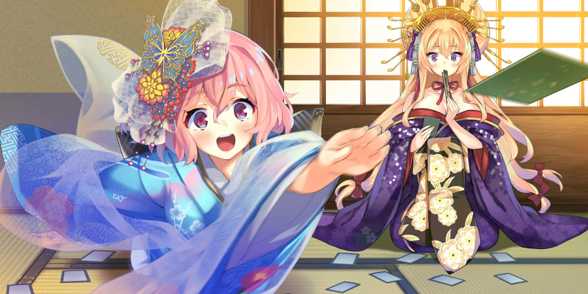 2girls alternate_costume alternate_headwear blonde_hair blue_kimono blush bow breasts butterfly_hair_ornament card choker cleavage collarbone commentary english_commentary folded_fan folding_fan furisode game_cg hair_bow hair_ornament hand_fan highres holding holding_fan indoors japanese_clothes karuta_(card_game) kimono large_breasts long_sleeves manaita_obi multiple_girls multiple_hair_bows nuqura obi official_art open_mouth pink_hair purple_eyes purple_kimono red_bow red_ribbon ribbon ribbon_choker saigyouji_yuyuko saigyouji_yuyuko_(national_peace_ghost) sash smile tatami third-party_source touhou touhou_lostword wide_sleeves yakumo_yukari yakumo_yukari_(road_safety_gap_youkai)