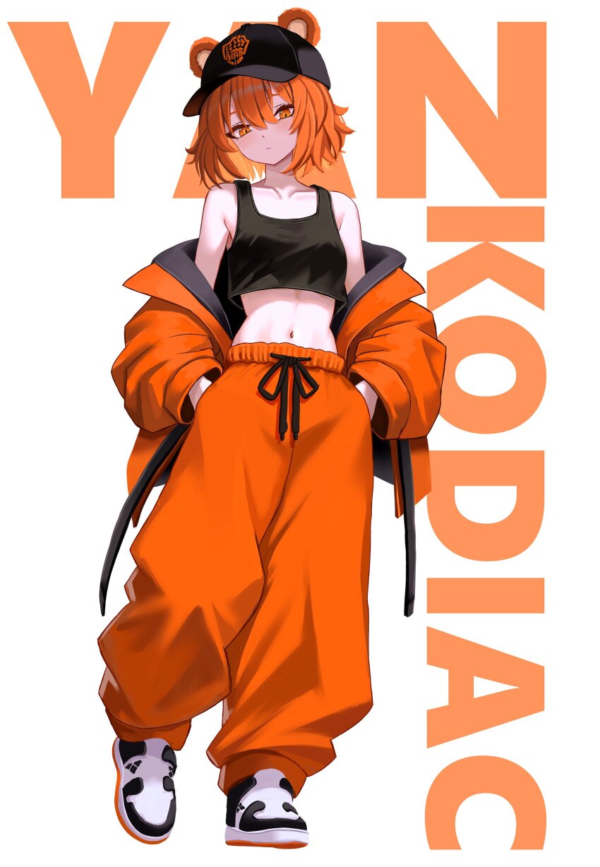 1girl absurdres animal_ears baggy_pants bare_shoulders baseball_cap bear_ears black_hat black_shirt character_name collarbone commentary crop_top crop_top_overhang drawstring ears_through_headwear full_body hands_in_pockets hat highres jacket long_sleeves looking_at_viewer midriff navel off_shoulder orange_eyes orange_hair orange_jacket orange_pants original pants puffy_long_sleeves puffy_sleeves shirt shoes short_hair sleeveless sleeveless_shirt solo tank_top white_background yan_kodiac