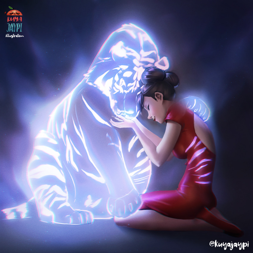 1girl 2022 artist_name back_cutout breasts closed_eyes closed_mouth clothing_cutout commentary double_bun dress english_commentary hair_bun highres kuya_jaypi original red_dress red_lips short_hair tiger