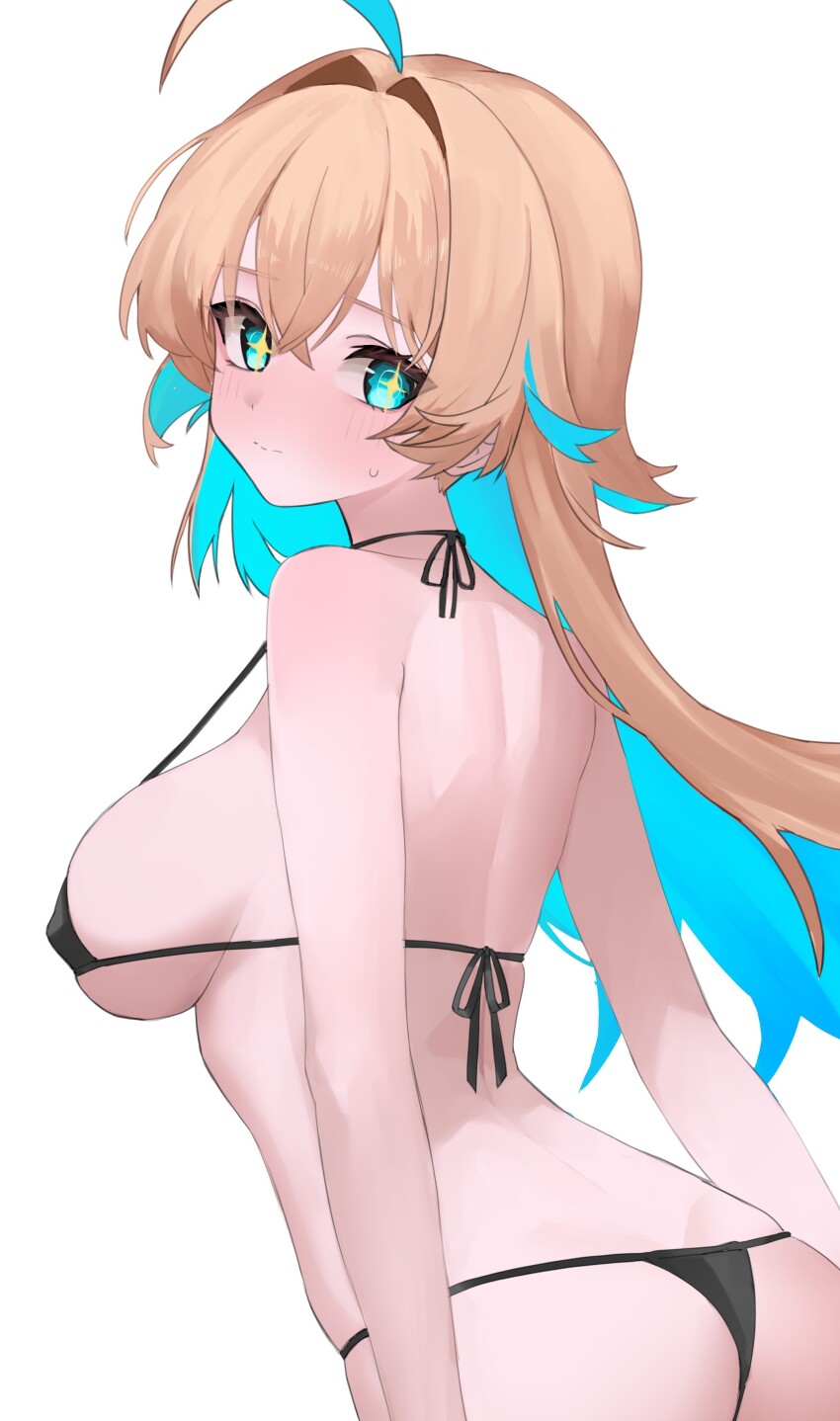 +_+ 1girl absurdres ahoge android ass back bare_shoulders bikini black_bikini blonde_hair blue_eyes blue_hair blush breasts closed_mouth from_behind hair_between_eyes hair_intakes highres long_hair looking_at_viewer looking_back multicolored_hair ralmia_(shadowverse) ritaiya shadowverse sideboob simple_background solo standing star-shaped_pupils star_(symbol) sweat swimsuit symbol-shaped_pupils two-tone_hair upper_body white_background