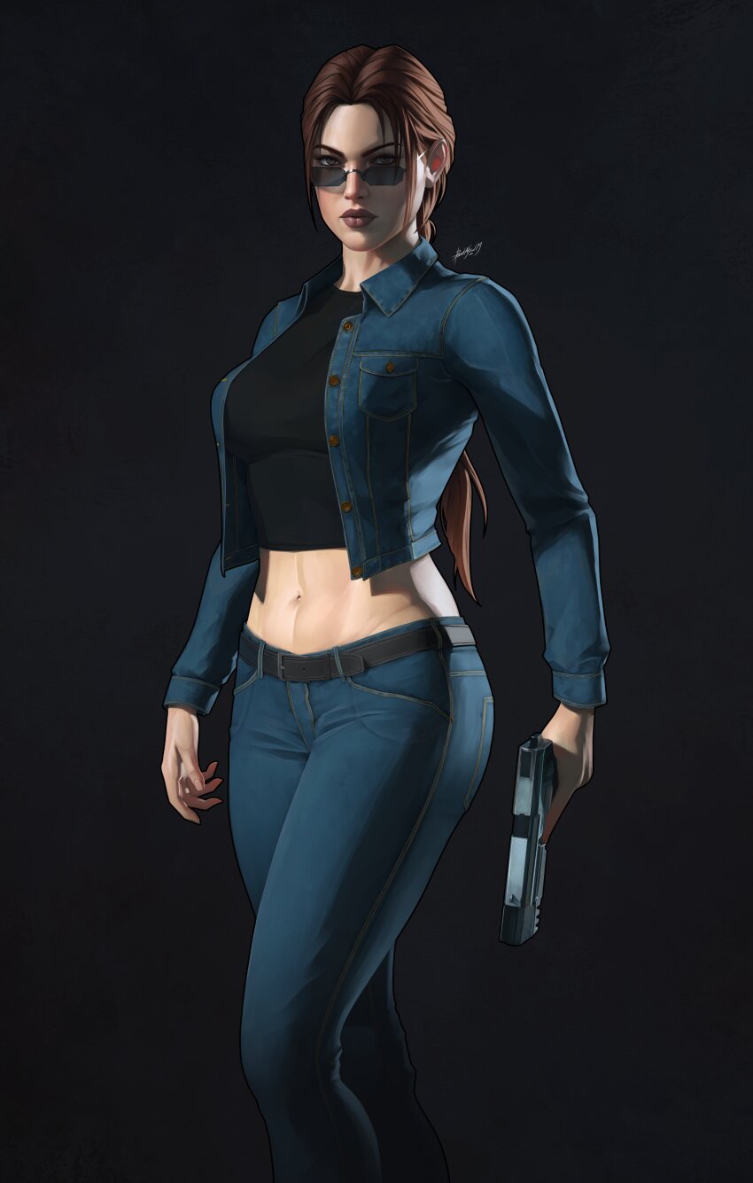 1girl absurdres alternate_costume black_shirt blue_jacket blue_pants breasts brown_eyes brown_hair clip_studio_paint_(medium) collared_jacket crop_top dalejomej denim denim_jacket gun handgun highres holding holding_gun holding_weapon jacket jeans lara_croft large_breasts long_hair looking_at_viewer looking_over_eyewear midriff navel open_clothes open_jacket pants ponytail shirt signature solo sunglasses tinted_eyewear tomb_raider weapon weapon_request
