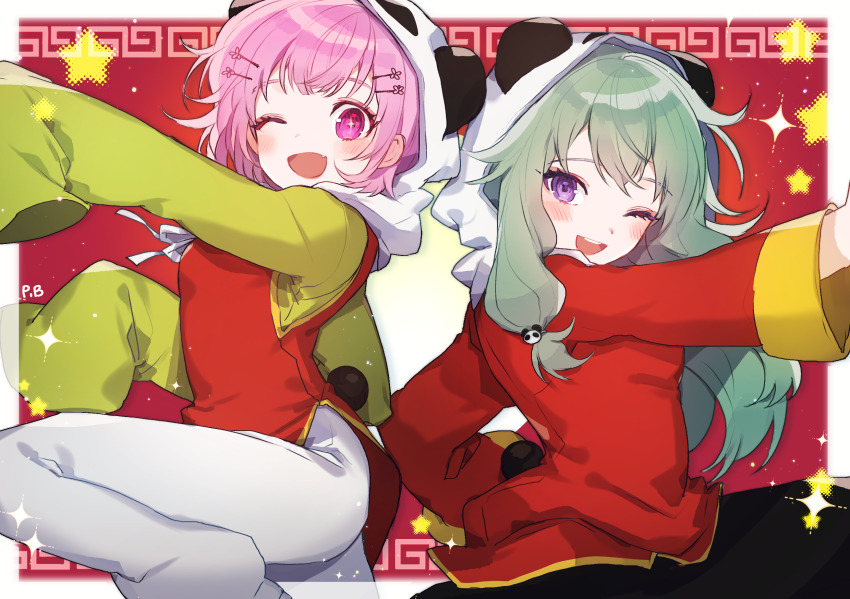2girls :d ;d animal_ears animal_hood blush bob_cut chinese_clothes commentary cosplay fake_animal_ears fake_tail fang green_hair green_shirt gumi gumi_(cosplay) hair_flaps hair_ornament hairclip highres hood kagamine_rin kagamine_rin_(cosplay) kusanagi_nene long_hair long_sleeves looking_at_viewer multiple_girls neck_ribbon one_eye_closed ootori_emu open_mouth panda_ears panda_hair_ornament panda_hood panda_tail panprika pants pink_eyes pink_hair project_sekai purple_eyes red_shirt red_vest ribbon shirt short_hair sleeves_past_wrists smile tail vest vocaloid white_pants white_ribbon yi_er_fan_club_(vocaloid)