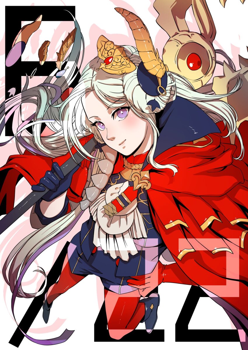 1girl aduti_momoyama asymmetrical_gloves axe aymr_(fire_emblem) battle_axe blue_footwear blue_gloves broken closed_mouth drop_shadow edelgard_von_hresvelg edelgard_von_hresvelg_(timeskip) eyelashes fire_emblem fire_emblem:_three_houses garreg_mach_monastery_uniform gem gloves hair_intakes hand_on_own_hip headpiece highres holding holding_axe horns long_hair mismatched_gloves nintendo over_shoulder pantyhose purple_eyes red_gemstone red_gloves red_pantyhose smile solo weapon weapon_over_shoulder white_hair