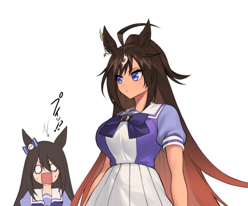 2girls ^^^ ahoge blue_bow blue_eyes bow bowtie brown_hair colored_inner_hair commentary dark-skinned_female dark_skin deep_impact_(umamusume) duramente_(umamusume) ear_bow ear_ornament fukuro_(maruaru00) hair_between_eyes highres long_hair multicolored_hair multiple_girls o_o pleated_skirt puffy_short_sleeves puffy_sleeves purple_bow purple_bowtie purple_shirt ringed_eyes sailor_collar school_uniform shirt short_sleeves simple_background skirt summer_uniform tracen_school_uniform two-tone_hair umamusume upper_body white_background white_hair white_sailor_collar white_skirt