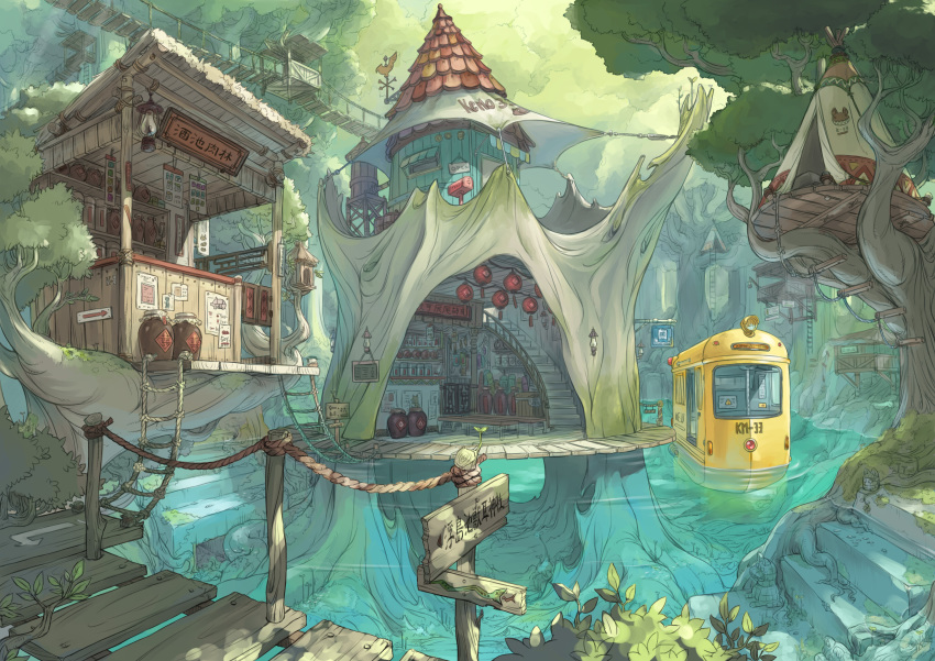 6+girls absurdres animal_ears awning bad_id bad_pixiv_id booth_seating branch bridge fish fishing_rod highres jar lantern long_hair multiple_girls no_humans nucomas original platform rope_ladder scenery school_uniform serafuku short_hair sign signpost stairs step streetcar tail teepee tent tiles tower tree treehouse underwater water weather_vane