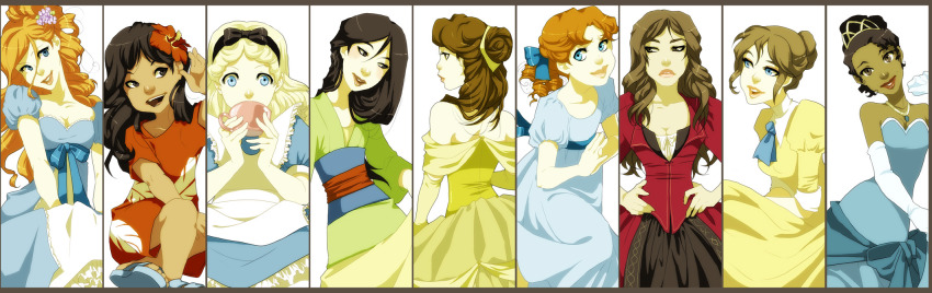 6+girls alice_(alice_in_wonderland) alice_in_wonderland alternate_costume animification back bad_deviantart_id bad_id beauty_and_the_beast belle_(disney) black_hair blonde_hair blue_dress bow breasts brown_hair cleavage column_lineup company_connection crossed_legs crossover crown cup curly_hair darci_robbins dark-skinned_female dark_skin disney dress drinking elbow_gloves elizabeth_swann enchanted fa_mulan_(disney) flower giselle giselle_(disney) gloves hair_flower hair_ornament hands_on_lap hands_on_own_hips headband highres jane_porter jewelry lilo_&amp;_stitch lilo_pelekai long_hair long_image medium_breasts mulan_(movie) multiple_girls necklace peter_pan pirates_of_the_caribbean red_dress red_hair sandals short_hair sitting small_breasts standing tarzan tarzan_(disney) teacup the_princess_and_the_frog tiana tiana_(the_princess_and_the_frog) tiara walt_disney&#039;s_peter_pan wendy_darling white_background white_theme wide_image yellow_dress