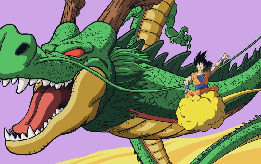 1boy biceps black_eyes black_hair closed_mouth cloud dougi dragon dragon_ball fingernails flying flying_nimbus hand_on_own_knee happy highres horns indian_style lee_(dragon_garou) looking_at_viewer male_focus messy_hair no_pupils orange_pants outstretched_arm pants pectorals purple_sky red_eyes sharp_teeth shenron_(dragon_ball) sitting size_difference sky smile son_goku teeth tongue waving whiskers wide_shot wristband