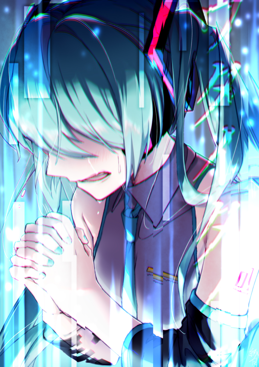 1girl aqua_hair aqua_nails aqua_necktie bare_shoulders black_sleeves chromatic_aberration commentary covered_eyes crying detached_sleeves digital_dissolve glitch grey_shirt hair_ornament hatsune_miku hatsune_miku_no_shoushitsu_(vocaloid) headphones highres interlocked_fingers long_hair nail_polish necktie open_mouth own_hands_together praying shinoduki shirt shoulder_tattoo sleeveless sleeveless_shirt solo tattoo twintails upper_body very_long_hair vocaloid