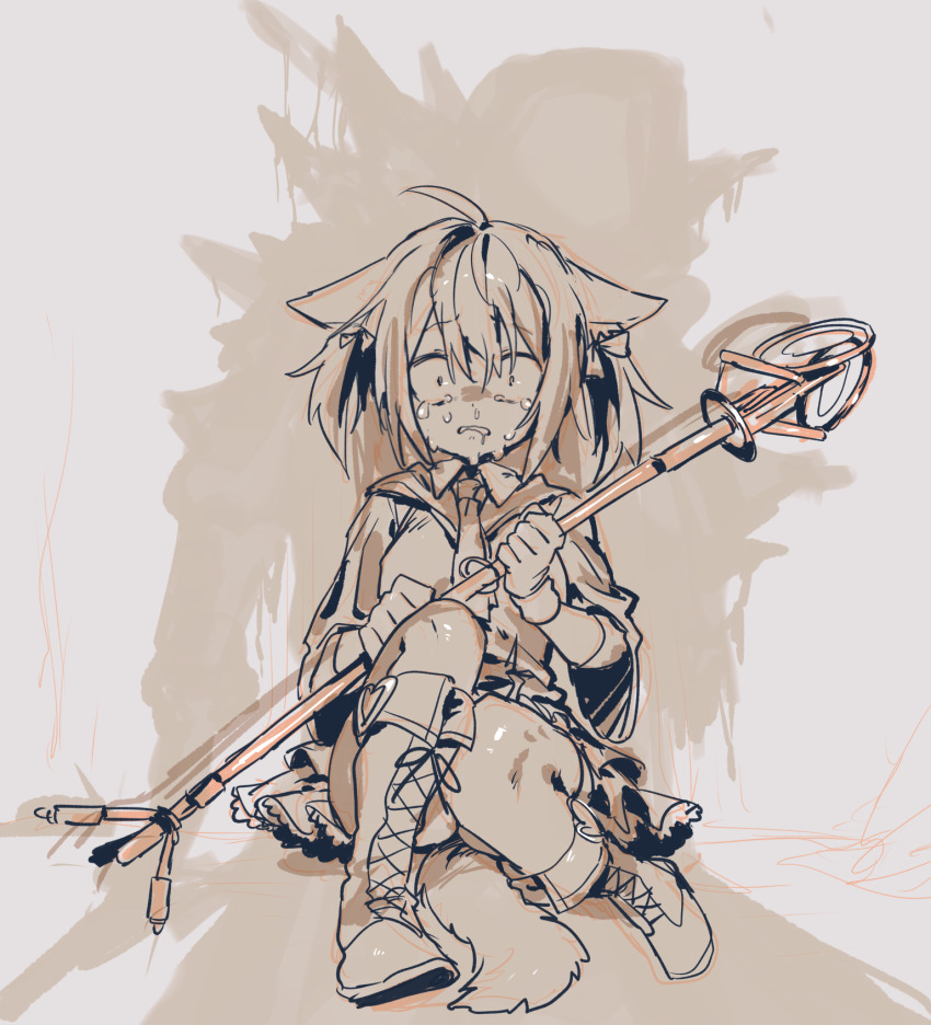 1girl 1other against_wall ahoge animal_ears arknights boots brown_theme collared_shirt constricted_pupils crying crying_with_eyes_open ears_down fox_ears fox_girl fox_tail frown gloves grimace highres holding holding_microphone_stand horrified knee_boots knee_up looking_at_viewer microphone_stand monochrome mutomorokoshi necktie on_floor out_of_frame possessed_soldier_(arknights) pov_shadow shirt short_hair short_sleeves short_twintails sitting skirt snot solo_focus sora_(arknights) tail tears twintails two-handed two_side_up wide-eyed