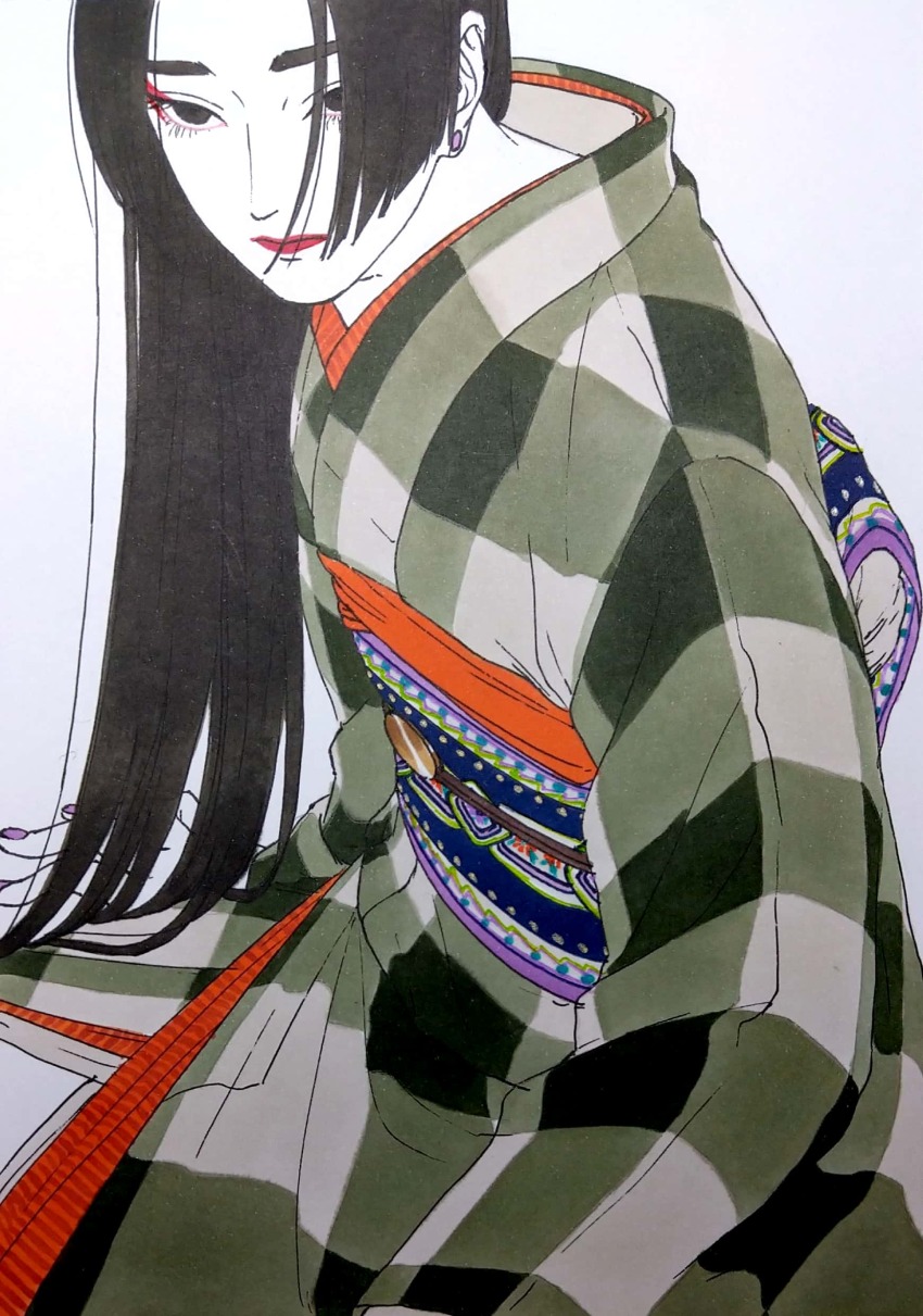 1boy 59awakadoy absurdres black_hair checkered_clothes checkered_kimono closed_mouth commentary_request earrings eyeliner green_kimono grey_eyes highres japanese_clothes jewelry kimono lipstick long_hair long_sleeves makeup male_focus nail_polish obi obiage obijime original purple_nails red_eyeliner red_lips sash simple_background sitting solo traditional_media white_background