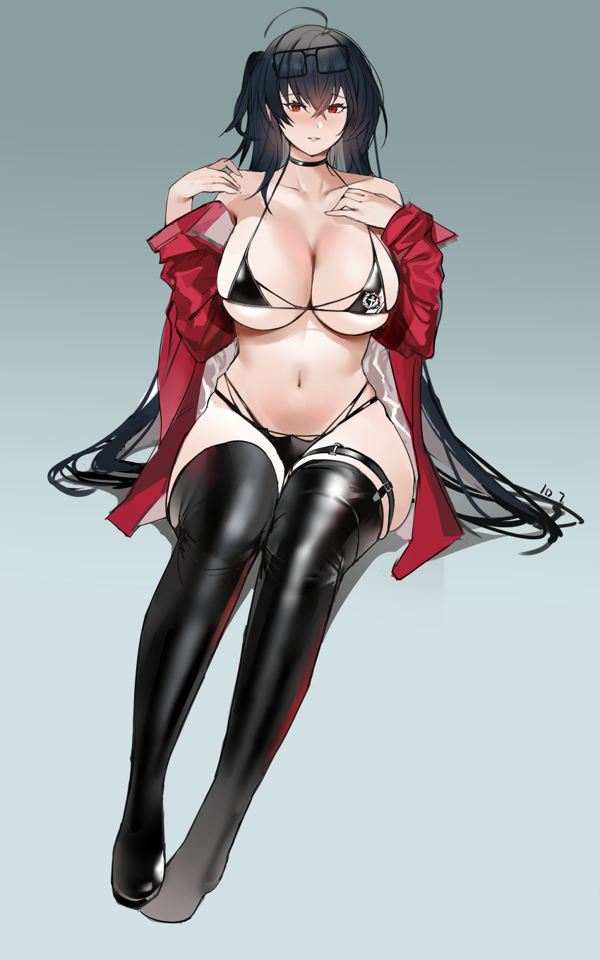 1girl absurdres ahoge azur_lane bikini black_bikini black_choker black_hair blush boxingwanla breasts choker cleavage crossed_bangs eyewear_on_head full_body highleg highleg_bikini highres jacket large_breasts long_hair looking_at_viewer made_in_2024 multi-strapped_bikini_bottom multi-strapped_bikini_top official_alternate_costume race_queen red_eyes red_jacket sitting solo sunglasses swimsuit taihou_(azur_lane) taihou_(enraptured_companion)_(azur_lane) thigh_strap very_long_hair