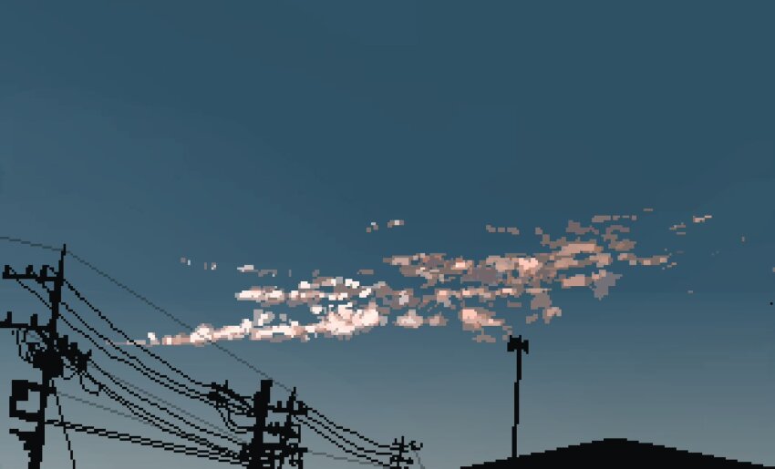 alarm_siren blue_sky cloud cloudy_sky from_below gradient_sky highres hisachan55cute no_humans original pixel_art power_lines scenery silhouette simple_background sky sunrise
