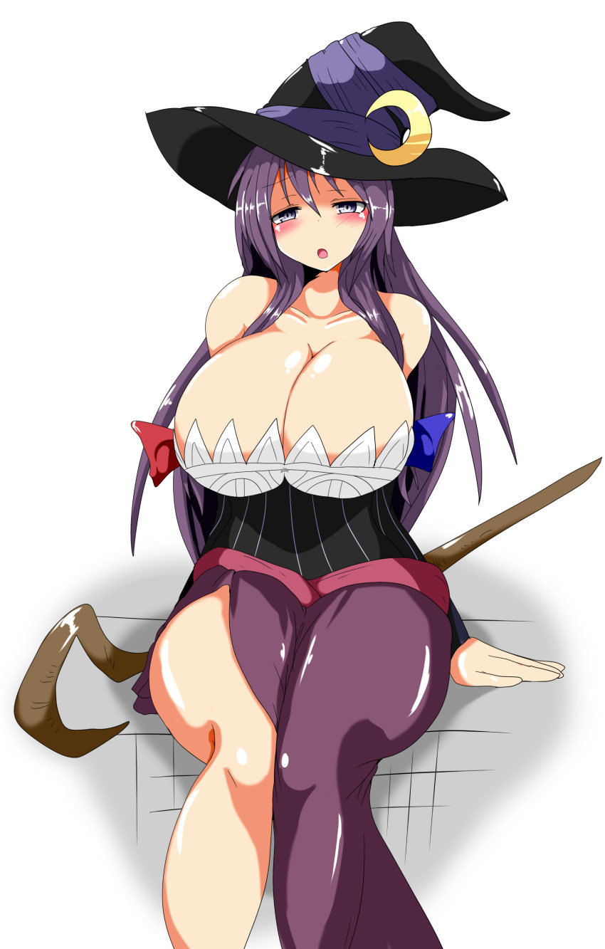 1girl absurdres bare_shoulders blue_bow blue_ribbon blush bow breasts cleavage cosplay crescent crescent_hair_ornament detached_sleeves dragon&#039;s_crown dress female_focus hair_ornament hair_ribbon hat highres huge_breasts large_breasts long_hair looking_at_viewer patchouli_knowledge purple_eyes purple_hair red_bow red_ribbon ribbon sash solo sorceress_(dragon&#039;s_crown) sorceress_(dragon&#039;s_crown)_(cosplay) staff taku_(yakumodaisuki) touhou very_long_hair witch_hat