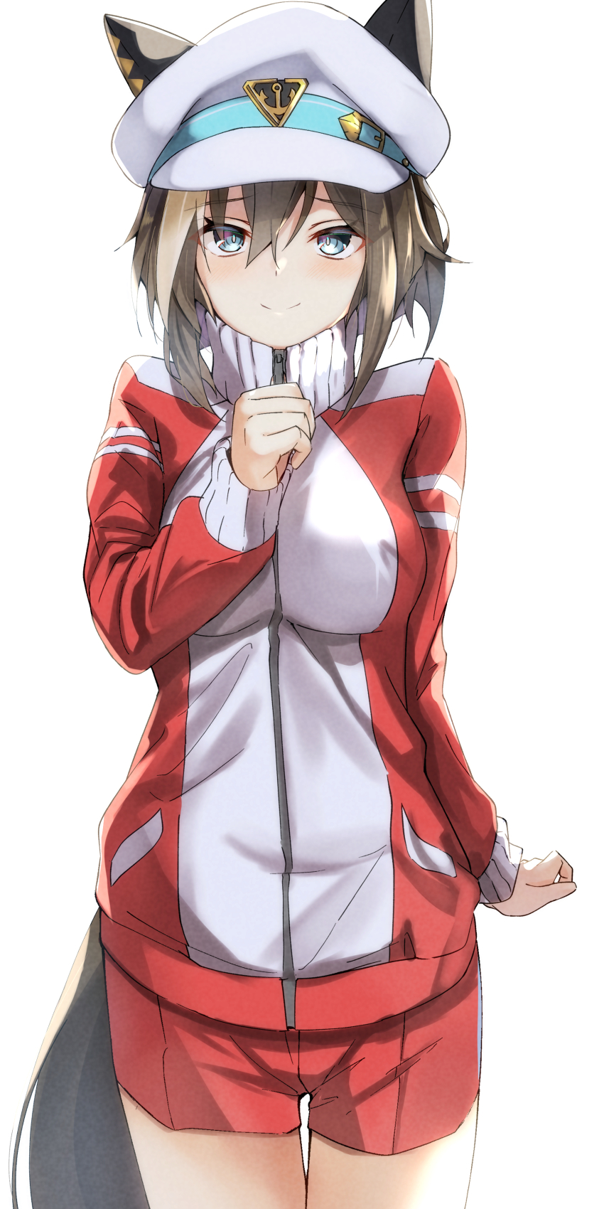 1girl absurdres animal_ears blue_eyes blush breasts brown_hair cheval_grand_(umamusume) closed_mouth ear_covers ears_through_headwear hair_between_eyes hat highres horse_ears horse_girl horse_tail jacket long_sleeves looking_at_viewer medium_breasts pandoa_(mikage0495) red_jacket red_shorts shorts simple_background smile solo tail tracen_training_uniform track_jacket umamusume white_background white_hat zipper