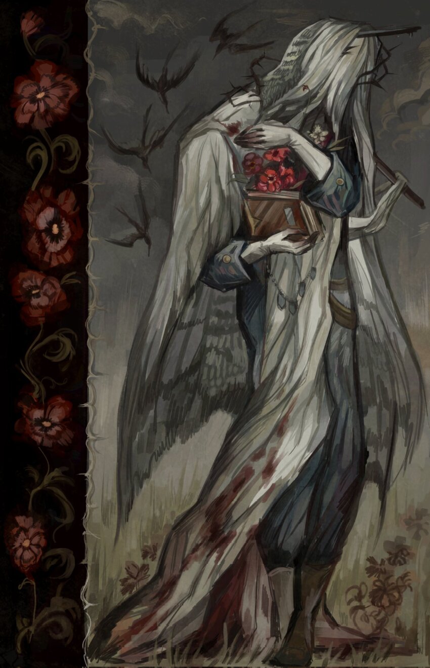 1boy bird black_bird blue_coat blue_pants boots brown_boots charon_(reverse:1999) coat covered_face dog_tags flower full_body gloves grass grey_background hands_up highres holding holding_dog_tags holding_notebook male_focus notebook pants poppy_(flower) qwt00tt reverse:1999 solo standing thorns veil white_gloves white_veil