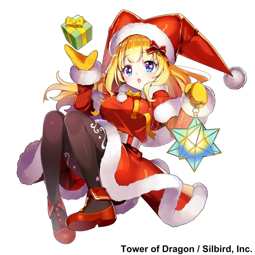 1girl :o absurdres black_pantyhose blonde_hair blue_eyes blush capelet copyright_name dress female_focus floating_hair full_body fur_trim gift gloves hair_ribbon hands_up hat highres holding long_hair long_sleeves looking_at_viewer masyu_yuyu neck_ribbon official_art pantyhose pom_pom_(clothes) red_capelet red_dress red_hat red_ribbon red_shoes red_skirt ribbon santa_hat shoes simple_background skirt small_stellated_dodecahedron solo stellated_octahedron symbol_in_eye tower_of_dragon watermark white_background yellow_gloves yellow_ribbon