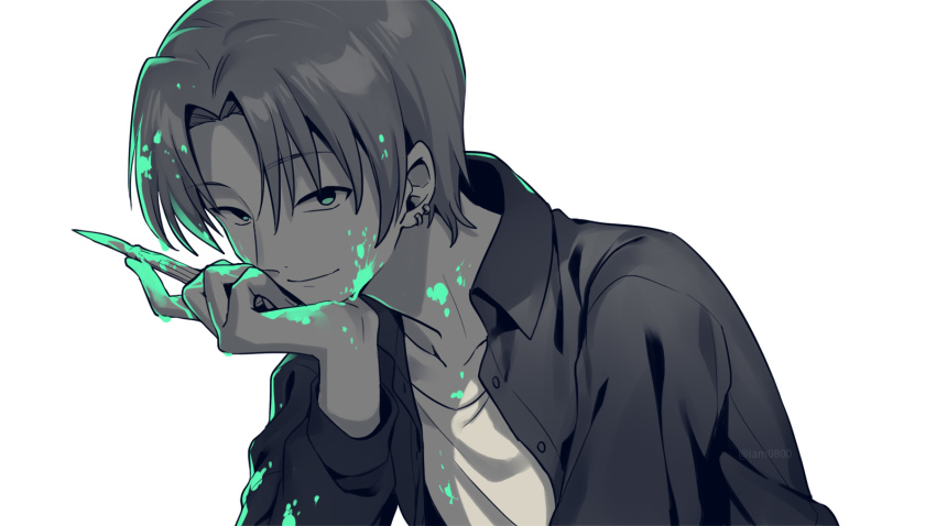 1boy asada_hachi blood blood_in_hair blood_on_clothes blood_on_face blood_on_hands buttons closed_mouth collarbone collared_jacket colored_blood ear_piercing fate/zero fate_(series) green_blood green_eyes grey_background greyscale hand_on_own_face hand_up head_rest highres holding jacket looking_at_viewer male_focus monochrome parted_bangs piercing shirt short_hair smile solo spot_color twitter_username upper_body uryuu_ryuunosuke watermark