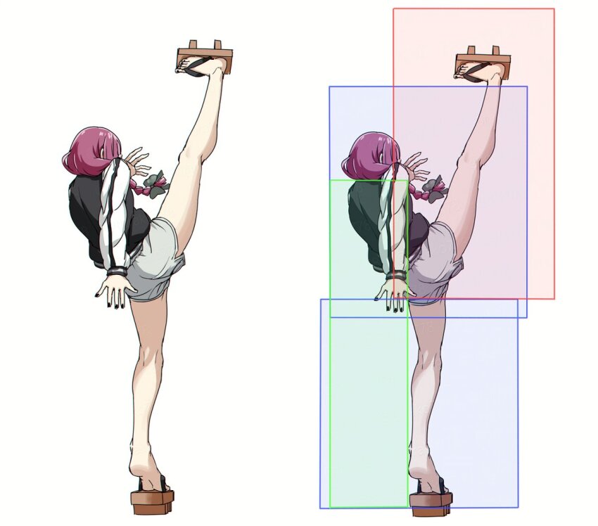 1girl black_jacket bocchi_the_rock! braid fatal_fury fighting_game full_body geta high_kick hiroi_kikuri hitbox jacket kevin_rian kicking long_hair multicolored_jacket multiple_views purple_hair short_shorts shorts torako_(toramaru) two-tone_jacket white_jacket white_shorts