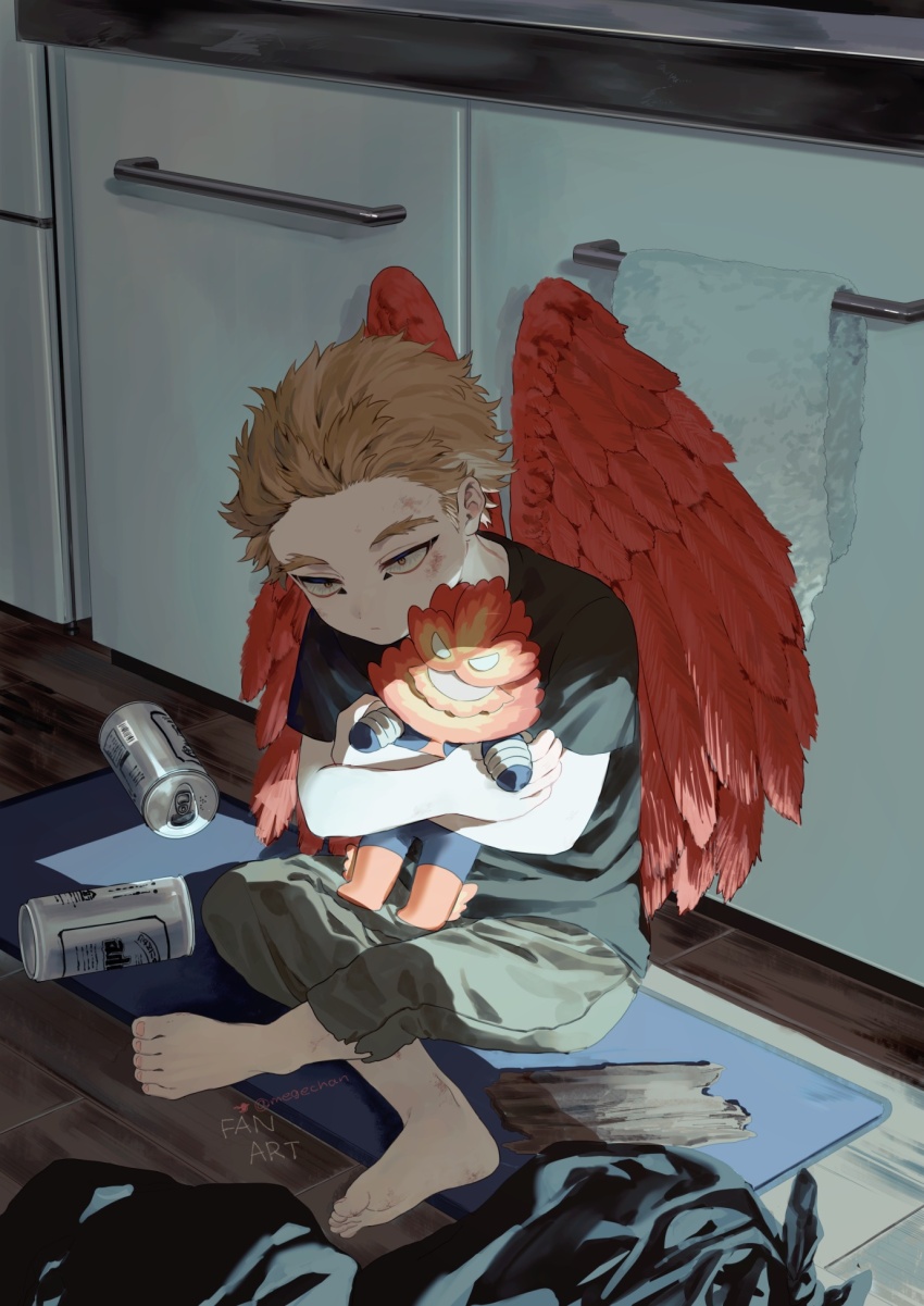 1boy aged_down barefoot beer_can blonde_hair boku_no_hero_academia can child commentary commentary_request drink_can feathered_wings green_pants hawks_(boku_no_hero_academia) highres holding holding_stuffed_toy indoors kitchen male_focus mege_(megechan) on_floor pants red_wings shirt short_hair sitting stuffed_toy towel wings wooden_floor
