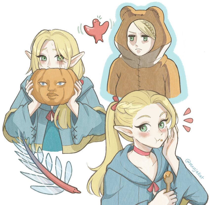 1girl alternate_hairstyle animal_costume annoyed bear_costume bird blonde_hair blue_dress blue_outline blue_robe braid chewing choker closed_mouth collarbone commentary cosplay covered_mouth crumbs dress dungeon_meshi eating elf english_commentary eyelashes fern food frown furrowed_brow green_eyes hair_over_shoulder hair_ribbon half_up_braid highres holding holding_food holding_spoon holding_vegetable hood hood_down hooded_robe kigurumi light_blush long_hair looking_at_viewer marcille_donato multiple_views nervous nervous_sweating notice_lines nxnjakat outline pointy_ears ponytail pumpkin red_choker red_ribbon ribbon robe simple_background spoon sweat twitter_username vegetable white_background