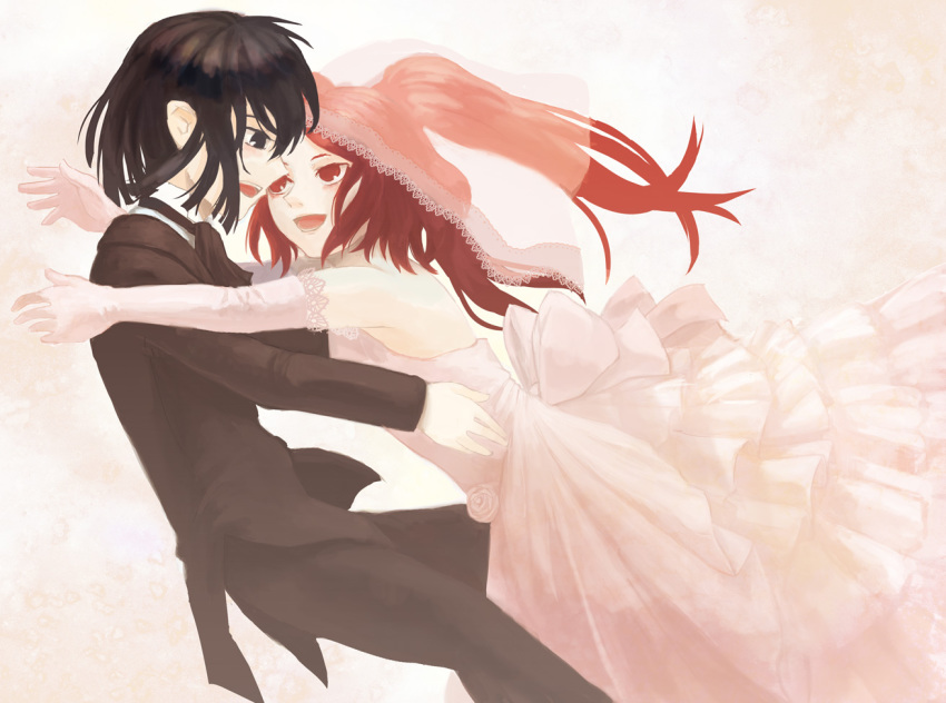 bare_shoulders black_eyes black_hair bridal_veil dress formal_clothes gloves lukius_bridges red_eyes red_hair rommy suit tales_of_(series) tales_of_the_tempest veil wedding_dress