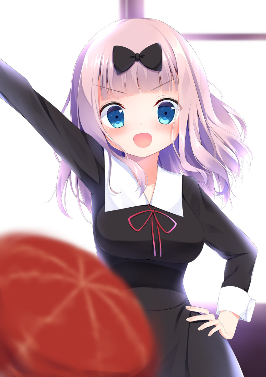 1girl :d absurdres arm_up black_bow black_dress blue_eyes blunt_bangs blurry blurry_foreground blush bow chikattochikachika_(kaguya-sama_wa_kokurasetai) commentary_request dress female_focus fujiwara_chika hair_bow hand_on_own_hip hat highres kaguya-sama_wa_kokurasetai_~tensai-tachi_no_renai_zunousen~ koh_(user_kpcu7748) long_hair long_sleeves neck_ribbon open_mouth pink_hair red_hat red_ribbon ribbon school_uniform shuuchiin_academy_school_uniform smile solo throwing throwing_hat v-shaped_eyebrows