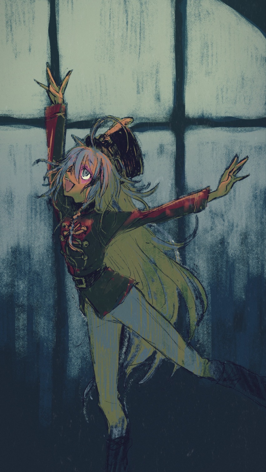 1girl absurdres ahoge alternate_costume arched_window arm_up band_uniform belt black_belt boots check_copyright copyright_request dancing facepaint foot_out_of_frame grey_eyes grey_hair grey_pants hair_over_one_eye hat highres hoshi_syoko idolmaster idolmaster_cinderella_girls jacket knee_boots long_bangs long_hair long_sleeves looking_up one_eye_covered open_mouth outstretched_arms pants payama red_jacket shako_cap smile solo standing standing_on_one_leg the_nutcracker very_long_hair window