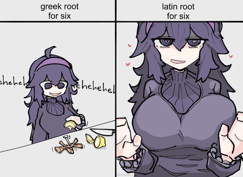 1girl 2koma @_@ ahoge alternate_breast_size black_hair black_sweater blush border breasts comic english_text etymology female_focus food frilled_sleeves frills fruit hair_between_eyes hairband heart heart-shaped_pupils hex_maniac_(pokemon) holding holding_food jitome kitchen_knife large_breasts laughing lemon lemon_slice long_hair long_sleeves looking_at_food looking_at_object looking_at_viewer messy_hair multiple_views nail naughty_face nintendo open_mouth pokemon pokemon_xy pov purple_eyes purple_hair purple_hairband reaching reaching_towards_viewer red_hairband ribbed_sweater ritual simple_background smile solo sound_effects standing sweater symbol-shaped_pupils table tareme tunaplus_c turtleneck turtleneck_sweater upper_body voodoo_doll white_background