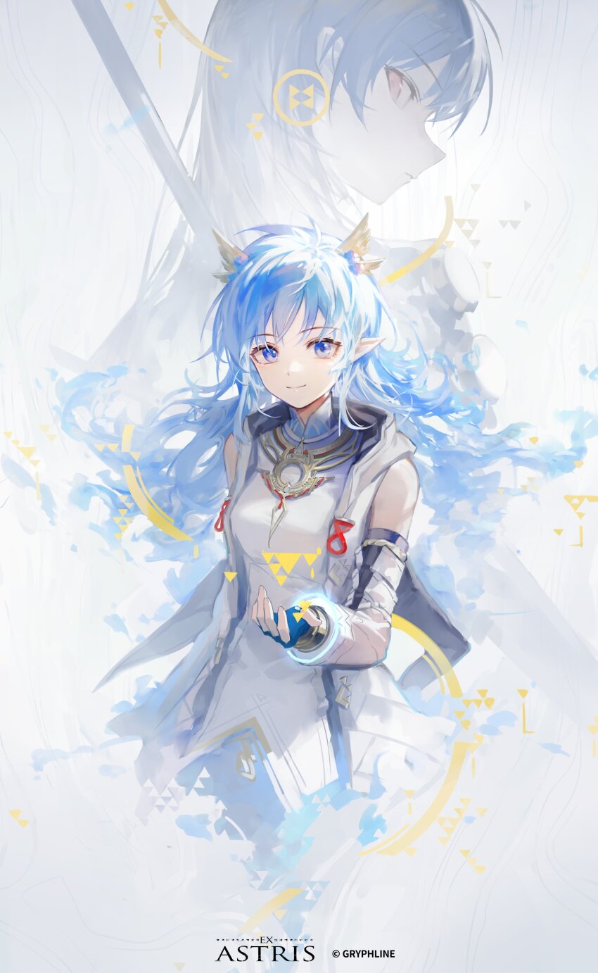 2girls absurdres artist_name blue_eyes blue_gloves blue_hair commentary copyright_name detached_sleeves dress english_commentary ex_astris expressionless fingerless_gloves from_behind gloves highres huanxiang_heitu looking_at_viewer multiple_girls official_art red_eyes smile vi3_(ex_astris) white_dress yan_(ex_astris)