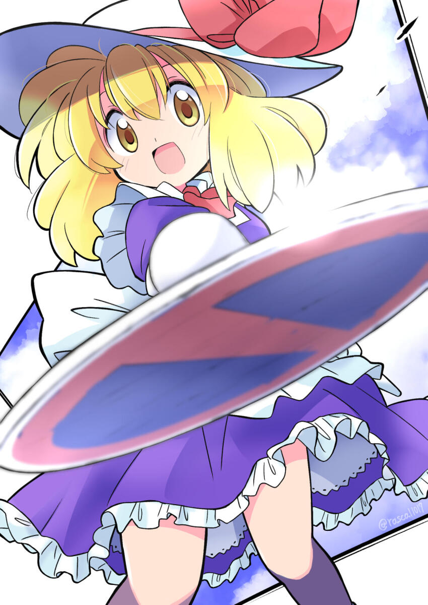 1girl 2others apron blonde_hair blue_dress bow dress frilled_apron frills hat hat_bow hat_ribbon highres kana_anaberal medium_hair multiple_others neck_ribbon no_parking_sign open_mouth rascal_(feuille) red_ribbon ribbon road_sign sign solo sun_hat touhou touhou_(pc-98) white_apron white_hat yellow_eyes