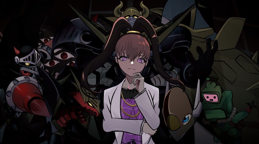 absurdres amano_nene_(digimon_xros_wars) darkknightmon deadlyaxemon digimon digimon_xros_wars hair_ornament hairclip highres long_hair looking_at_viewer monimon monitamon ninja ponytail shademon skullknightmon sparrowmon split_ponytail