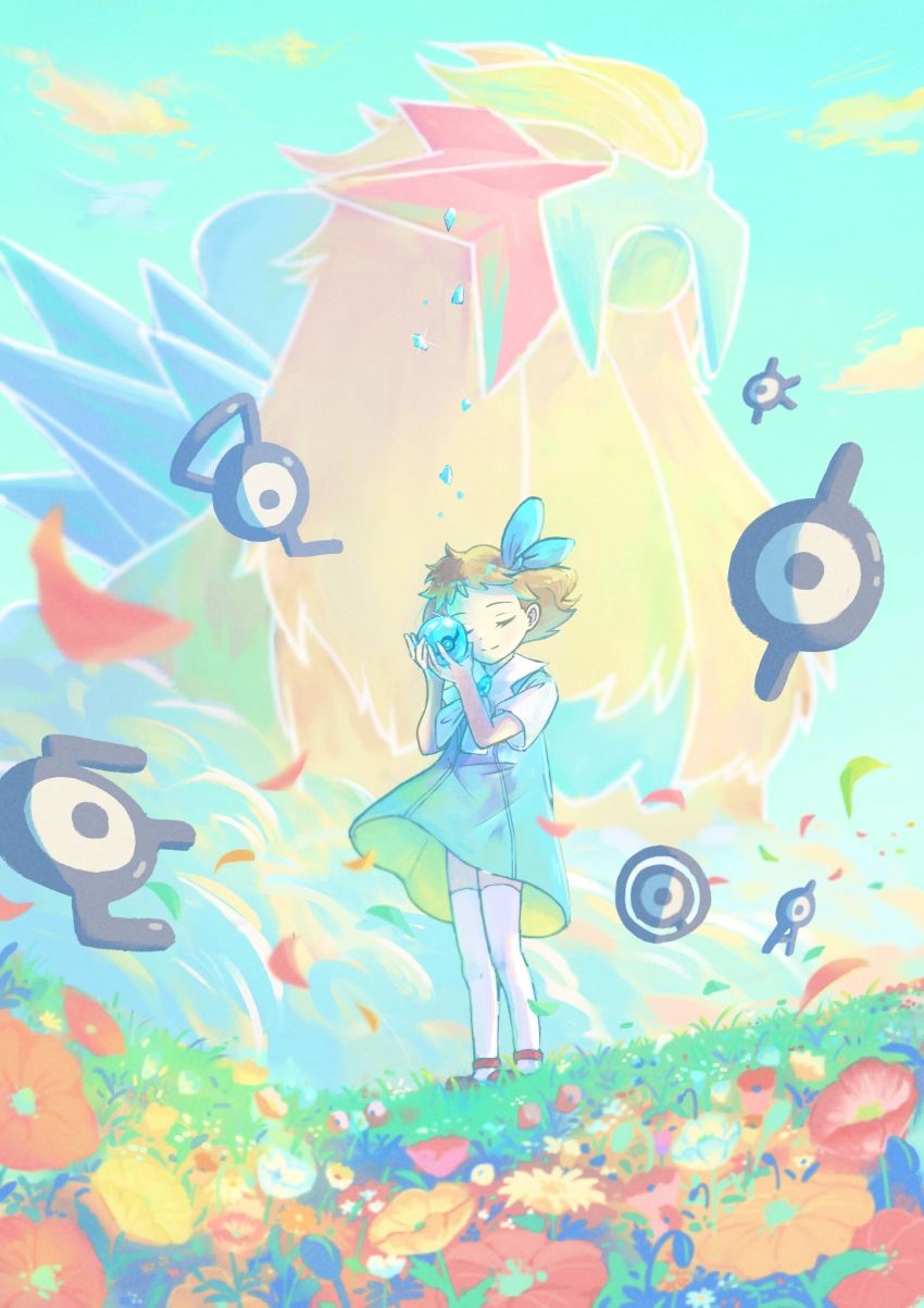 1girl absurdres closed_eyes closed_mouth cloud commentary_request day dress entei eyelashes falling_petals flower game_freak gen_2_pokemon grass hair_ribbon hands_up highres holding holding_poke_ball legendary_pokemon luna_mokamoka molly_hale nintendo outdoors petals poke_ball pokemon pokemon_(anime) pokemon_(classic_anime) pokemon_(creature) pokemon_3:_the_movie_-_spell_of_the_unown:_entei red_flower red_footwear ribbon shoes short_sleeves sky smile split_mouth standing thighhighs unown white_thighhighs