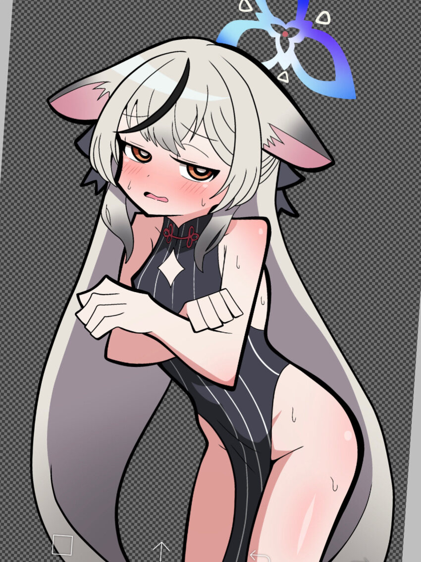 1girl animal_ears bare_shoulders black_dress blue_archive blue_halo blush china_dress chinese_clothes dress female_focus grey_hair halo highres kokona_(blue_archive) loli long_hair looking_at_viewer no_panties open_mouth orange_eyes pelvic_curtain pinstripe_dress pinstripe_pattern rrogtion solo standing sweat tiger_ears tiger_girl very_long_hair