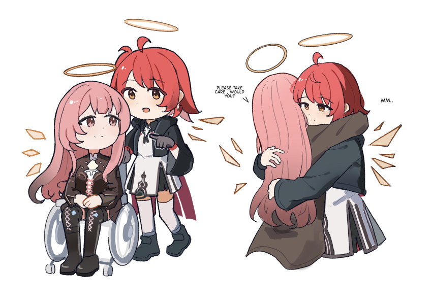 2girls ahoge arknights black_boots black_gloves boots closed_mouth commentary detached_wings dot_nose elysiium english_commentary english_text exusiai_(arknights) exusiai_the_new_covenant_(arknights) gloves halo highres hug lemuen_(arknights) long_hair multiple_girls multiple_views open_mouth pink_eyes pink_hair pointing red_hair short_hair siblings simple_background sisters sitting smile thigh_boots traditional_halo wheelchair white_background wings yellow_eyes yellow_halo