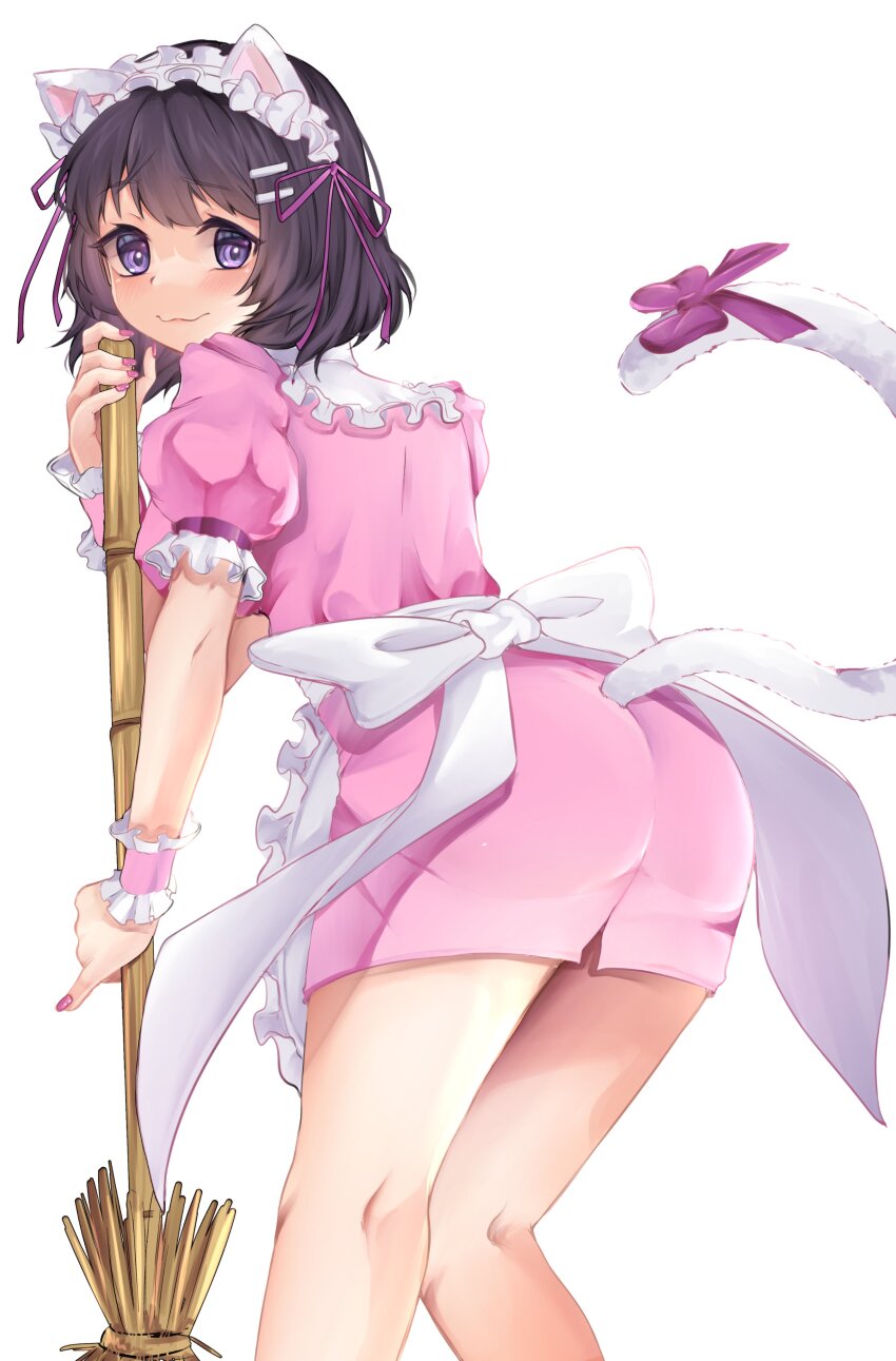 1girl animal_ears apron ass bare_legs black_hair blush bow breasts broom cat_ears cat_girl cat_tail closed_mouth dot_nose dress embarrassed eyebrows_hidden_by_hair eyelashes feet_out_of_frame female_focus fingernails frilled_apron frills from_behind hanekawa_tsubasa holding holding_broom large_breasts leaning_forward long_fingernails looking_at_viewer looking_back maid maid_apron maid_headdress meemz_a monogatari_(series) nail_polish pink_bow pink_dress pink_nails purple_eyes short_hair short_sleeves simple_background solo standing tail tail_bow tail_ornament wavy_mouth white_apron white_background